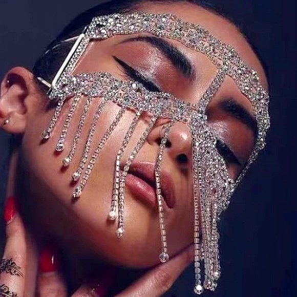 Rhinestone Crystal Tussle Mask Women Face Jewelry Halloween Accessories
